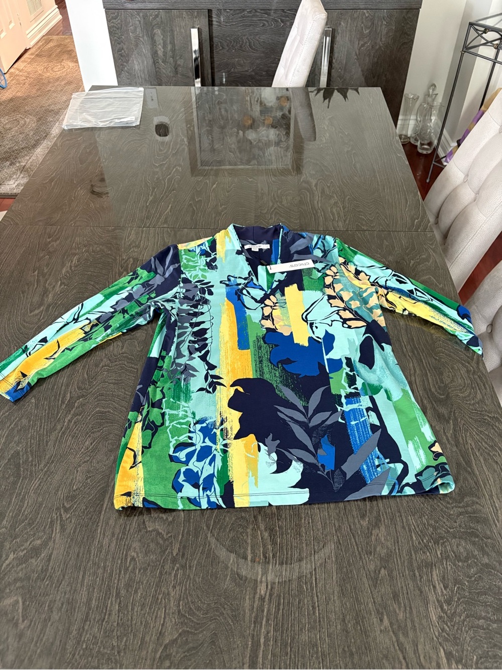 Chico's V-Neck Abstract Floral Top - Teal, Blue, Yellow, Green